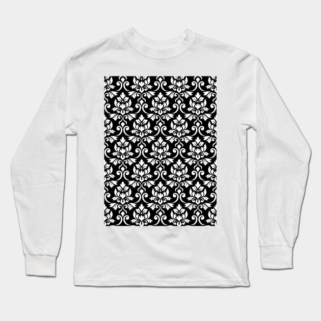 Feuille Damask White on Black Pattern Long Sleeve T-Shirt by NataliePaskell